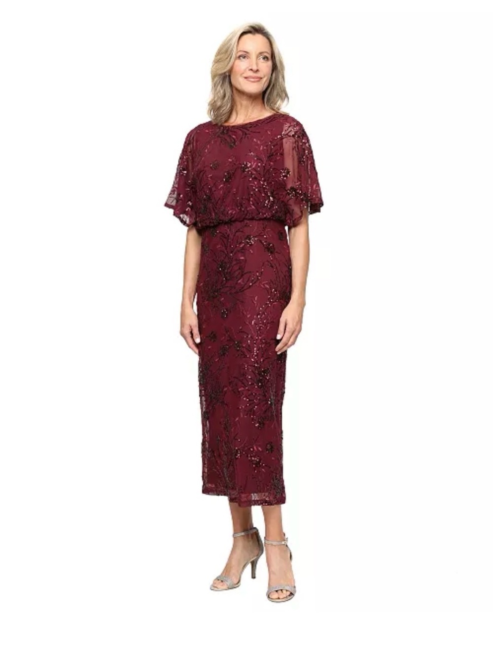 SLNY Beaded Wine Midi Dress with Cape Overlay